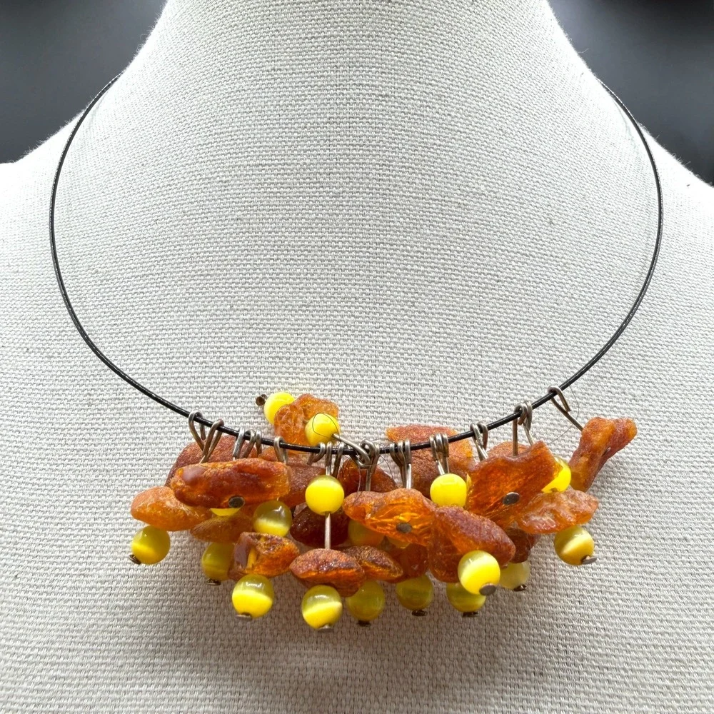 Amber Chip Bead Cluster Necklace Bohemian Statement Artisan Festival Gift